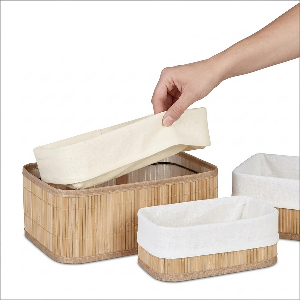 KOŠARA Naravna 3-delni-Set bambus - svetlo rjava, leseni material/tekstil (30/12.5/20cm) - Relaxdays