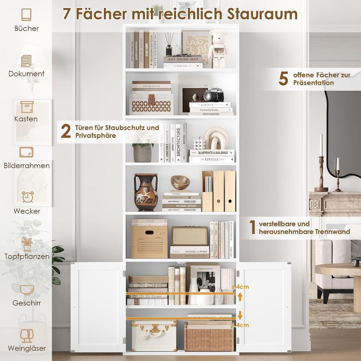 BÜCHERREGAL mit Türen 209 cm weiß - Weiß, Holzwerkstoff (60/209/23.5cm)