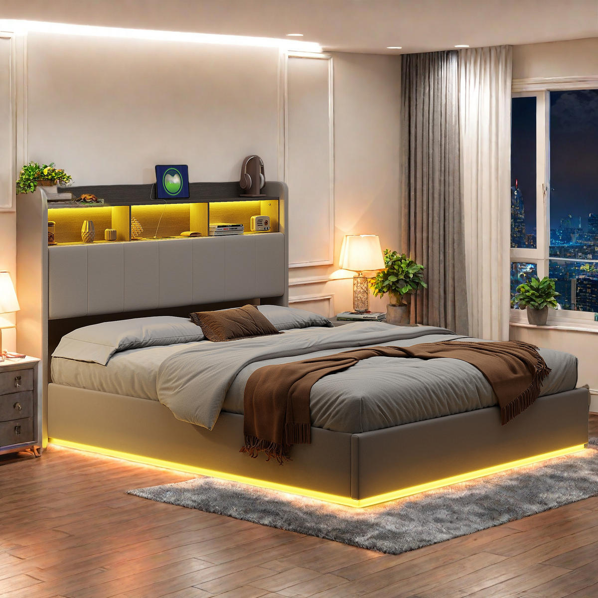 POLSTERBETT 140x200 Weiß Samt LED - Weiß, Metall (140/200cm) - SHOPENTRA