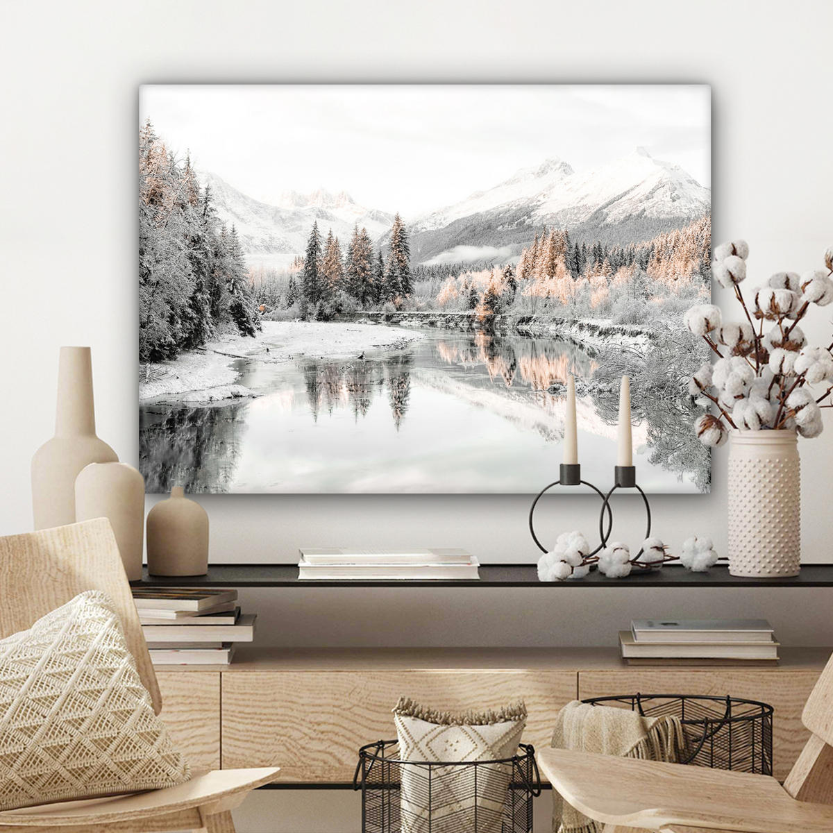 LEINWANDBILD Natur - Winter - Bäume - Berge - Schnee Wandbilder 80x60 cm - Weiß Hochglanz, Textil (80/60cm) - MuchoWow