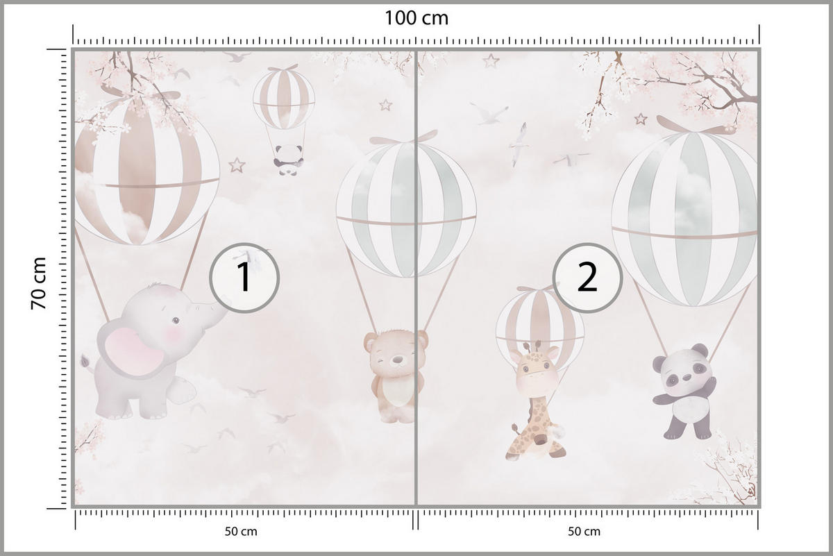 FOTOTAPETE für Kinderzimmer Tiere Himmel Elefant Giraffe Panda Vögel Ballons 100x70 - Multicolor, Papier (100/70cm) - Muralo