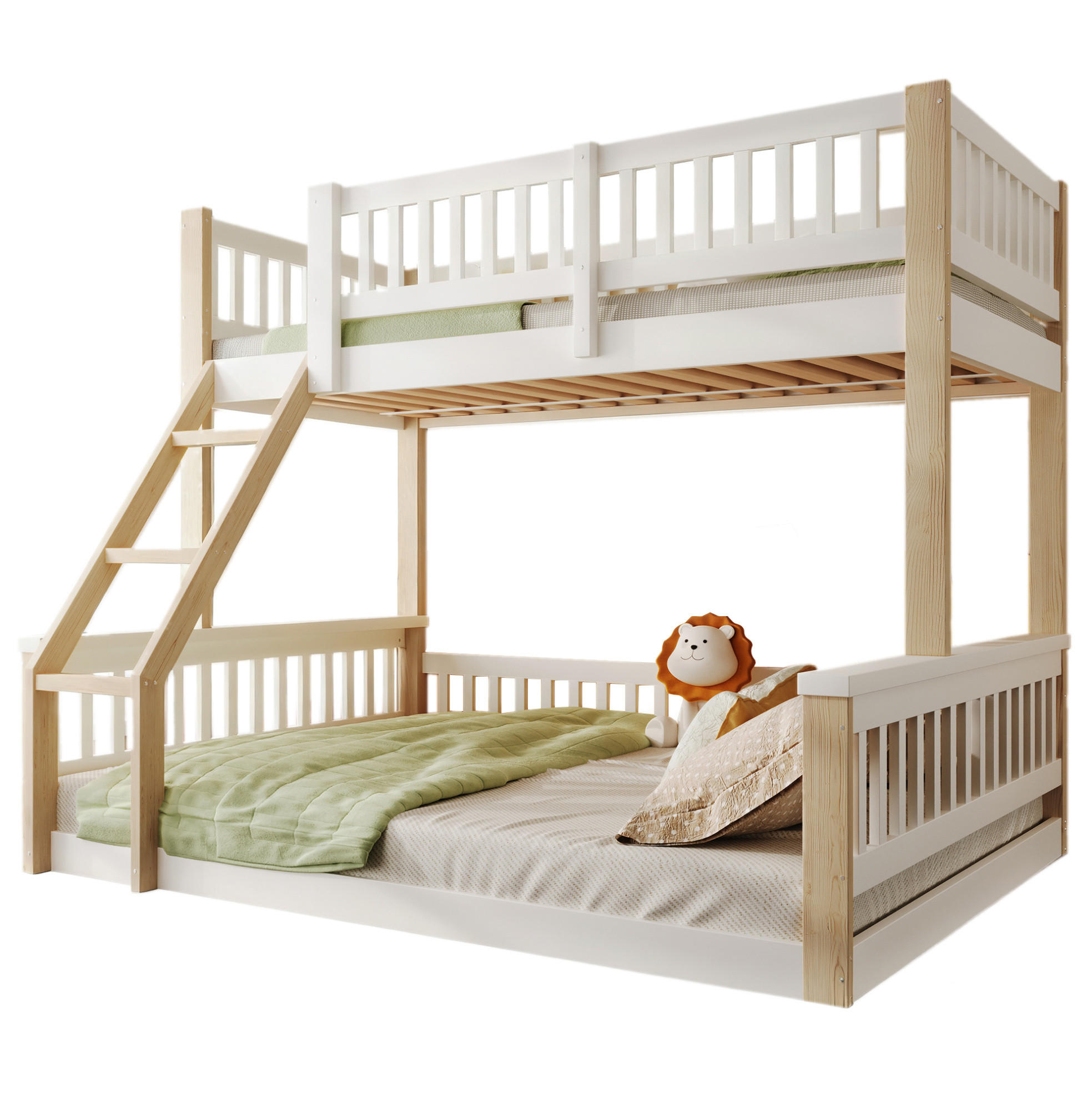 ETAGENBETT 90/200 cm + 140/200 cm mit Leiter, Bettgitter und Massivholzrahmen, Weiß/Natur - Weiß, Holz (90/200cm) - Redom