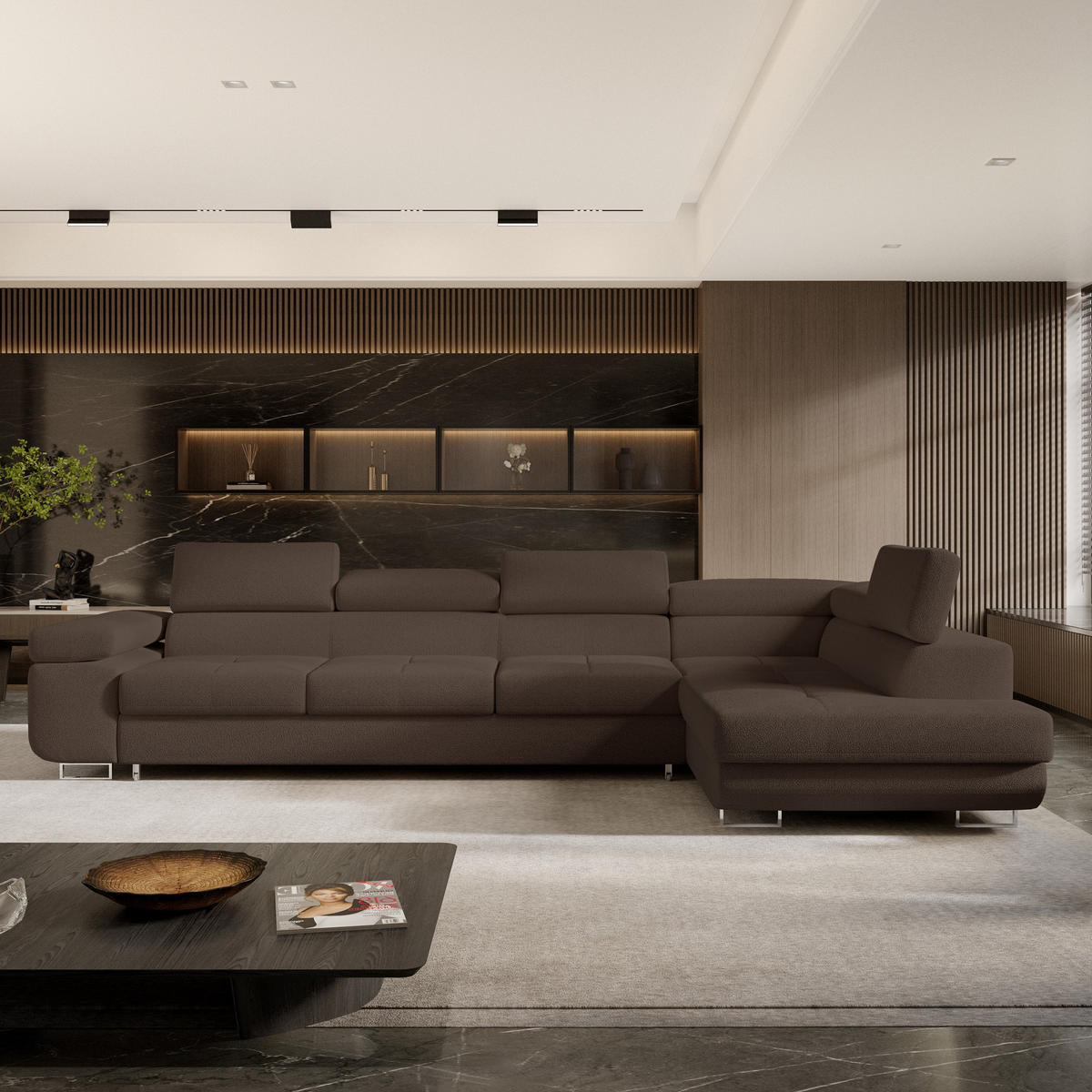 ECKSOFA VICENTE Braun Boucle-Stoff mit Schlaffunktion - Braun, Holz (346/202cm) - MASSENO