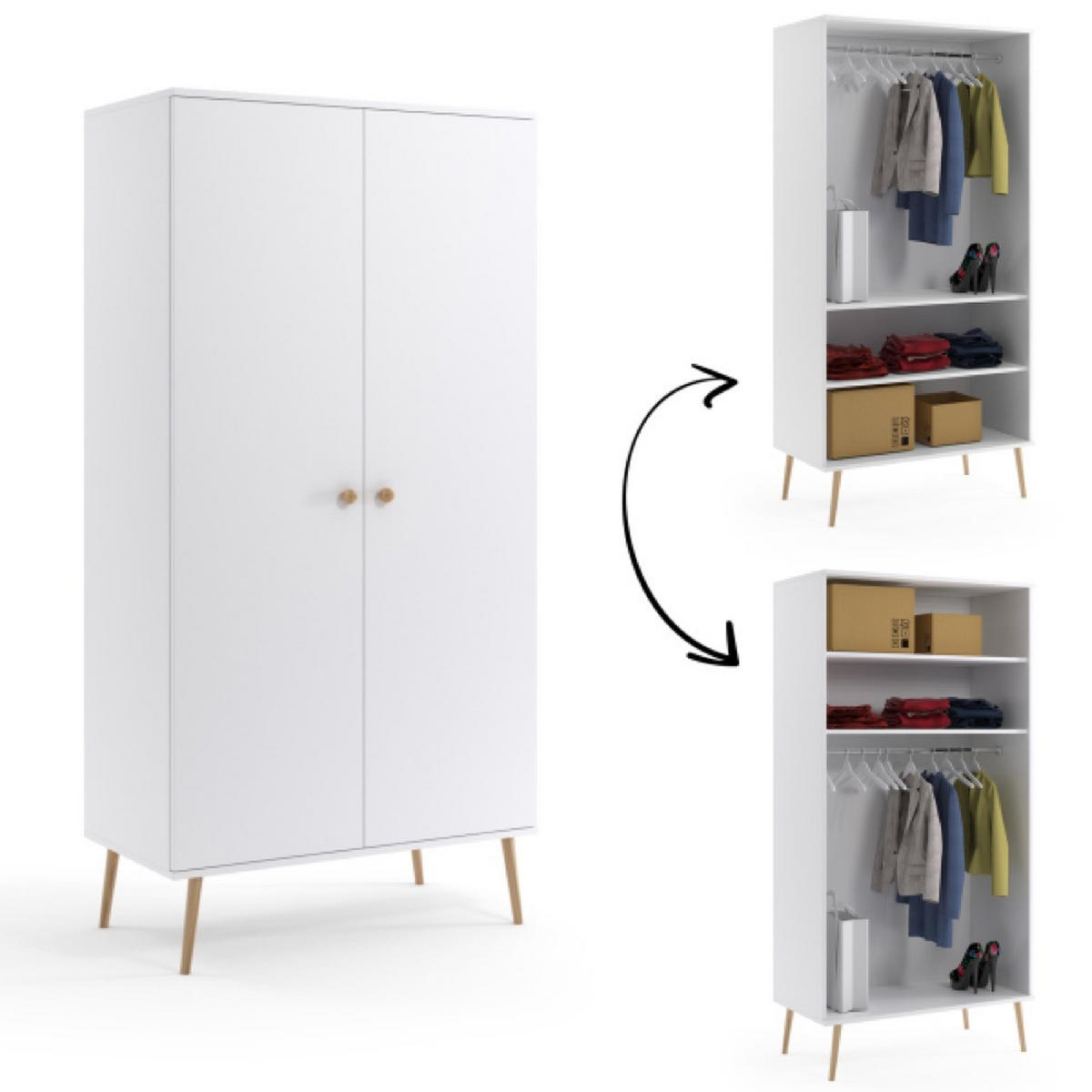 SCHRANK Weiß Boho Tiefe Holzbeine 2 Regale Und Kleiderstange - Weiß, Holzwerkstoff (100/202/52cm) - Sepro Meble