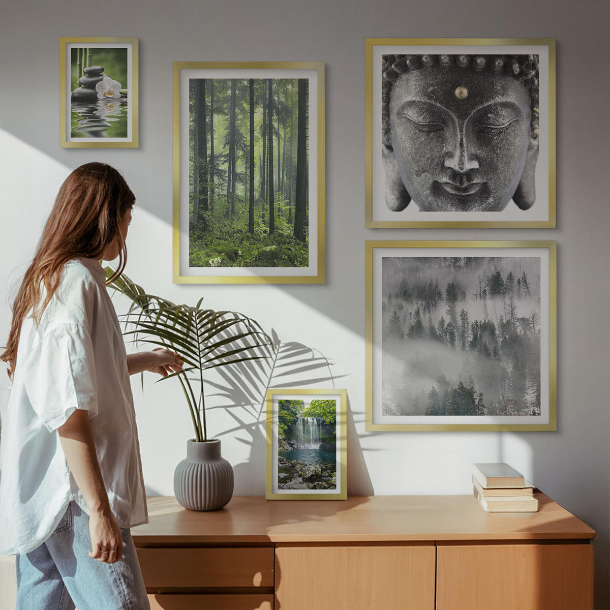 WANDBILDER 5er Set - 50x50 cm & 20x30 cm & 40x60 cm Goldrahmen - Harmonie der Natur, Steine, Wasser, Buddha - Goldfarben, Kunststoff (40/60cm) - ArtPrintCave