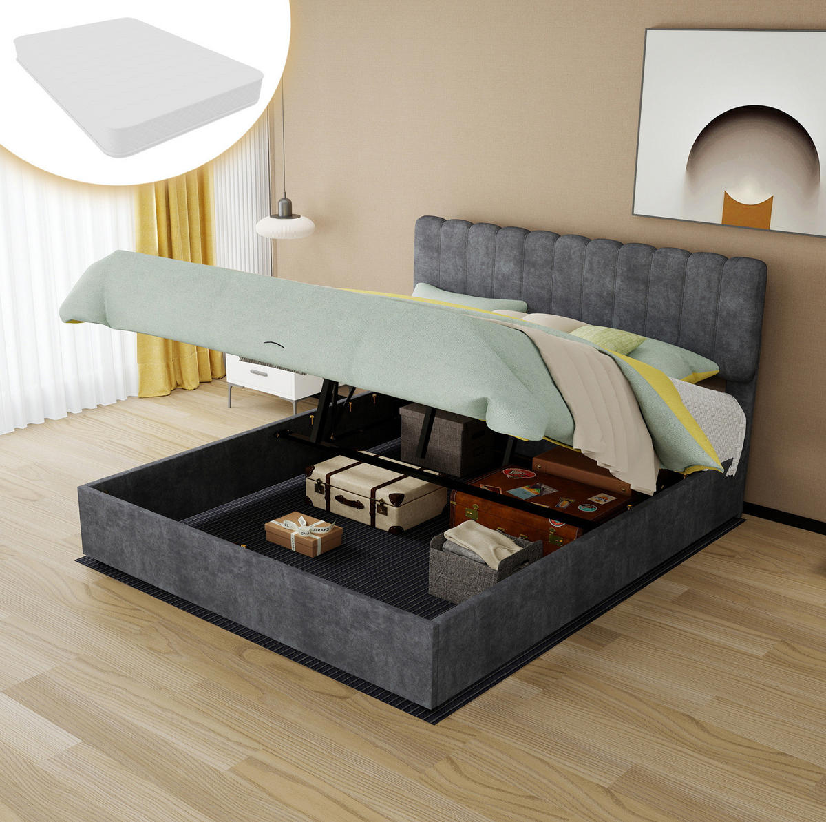POLSTERBETT 160/200 cm mit hohem Kopfteil und Matratze, Grau - Grau, Textil (160/200cm) - Redom
