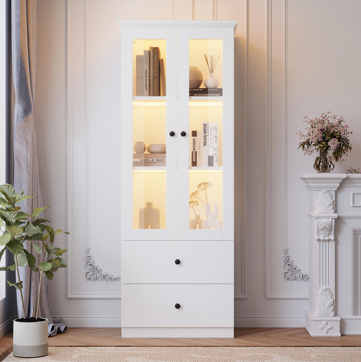 VITRINE 60/35,5/165 cm in Weiß matt mit LED-Beleuchtung und 2 Schubladen - Weiß, Holzwerkstoff (60/165/35.5cm) - Flora Grace
