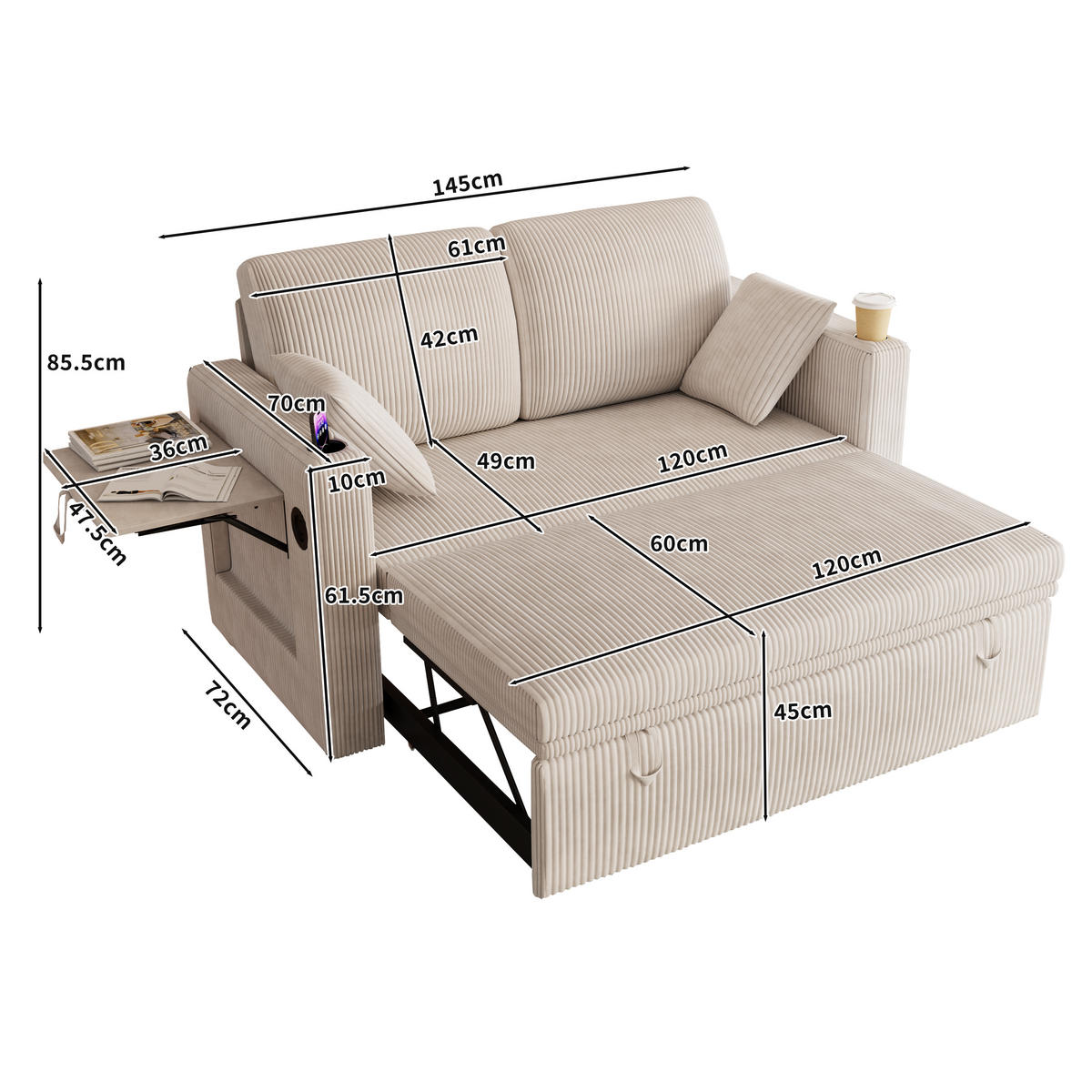 SCHLAFSOFA 145/72/85,5 cm Weiß Cordbezug mit Getränkehalter, kleinem Tisch und Aufbewahrungstasche - Weiß, Textil (72/85.5/145cm) - Oxeza