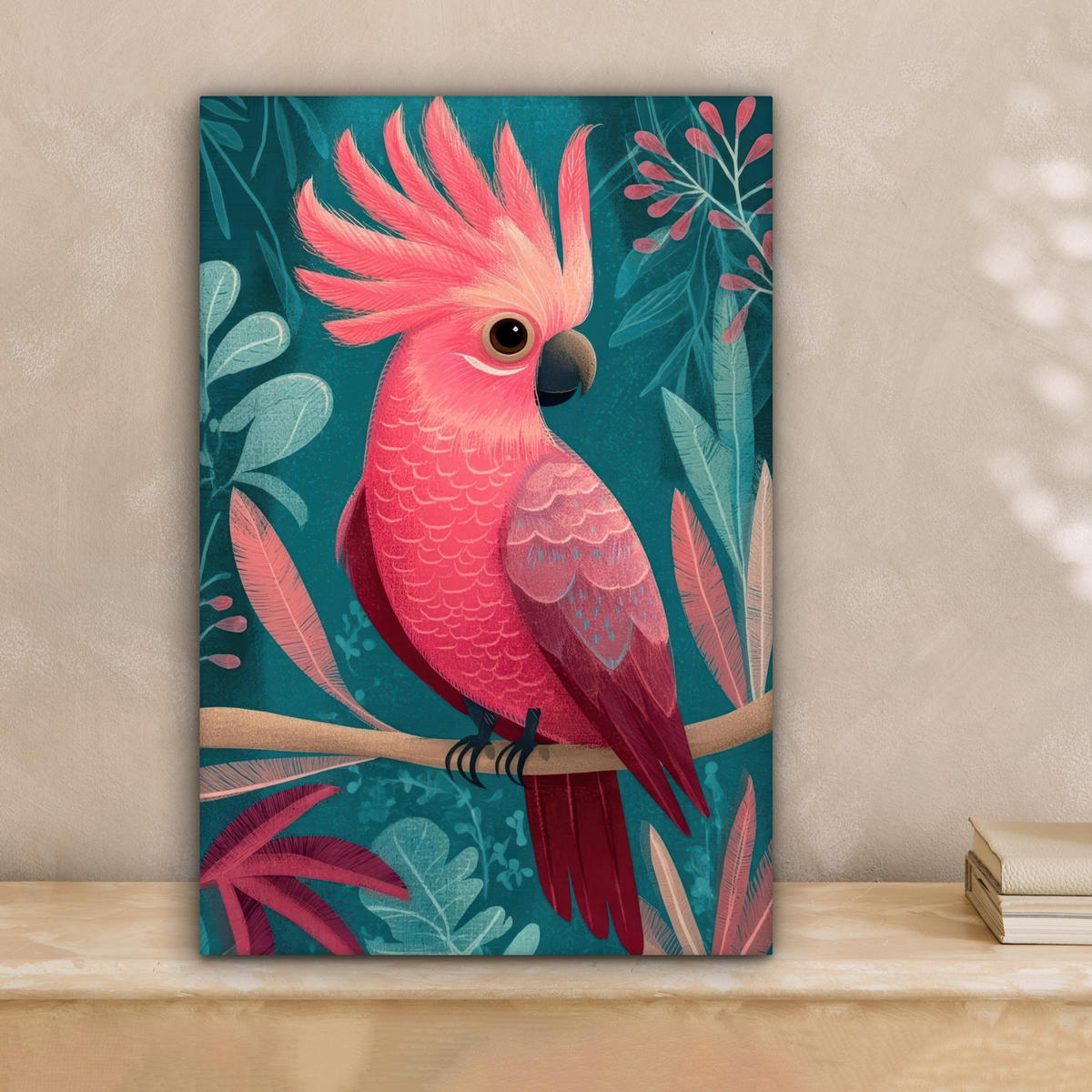 LEINWANDBILD Kakadu - Tropische Blätter - Zweig Deko Wohnzimmer 20x30 cm - Petrol, Textil (20/30cm) - MuchoWow