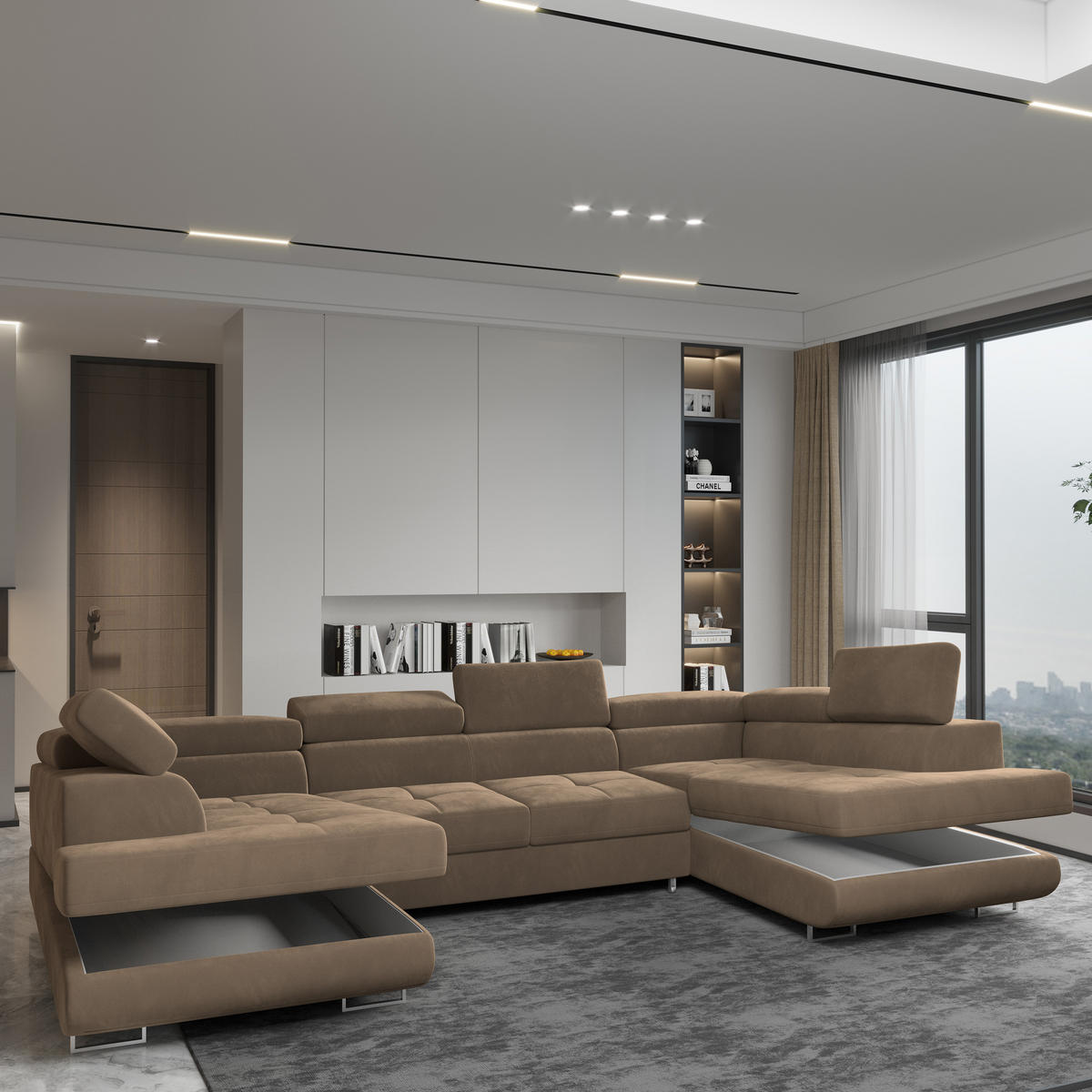 WOHNLANDSCHAFT RAGGIO Beige Velours-Stoff mit Schlaffunktion - Beige, Holz (336/90/202cm) - MASSENO