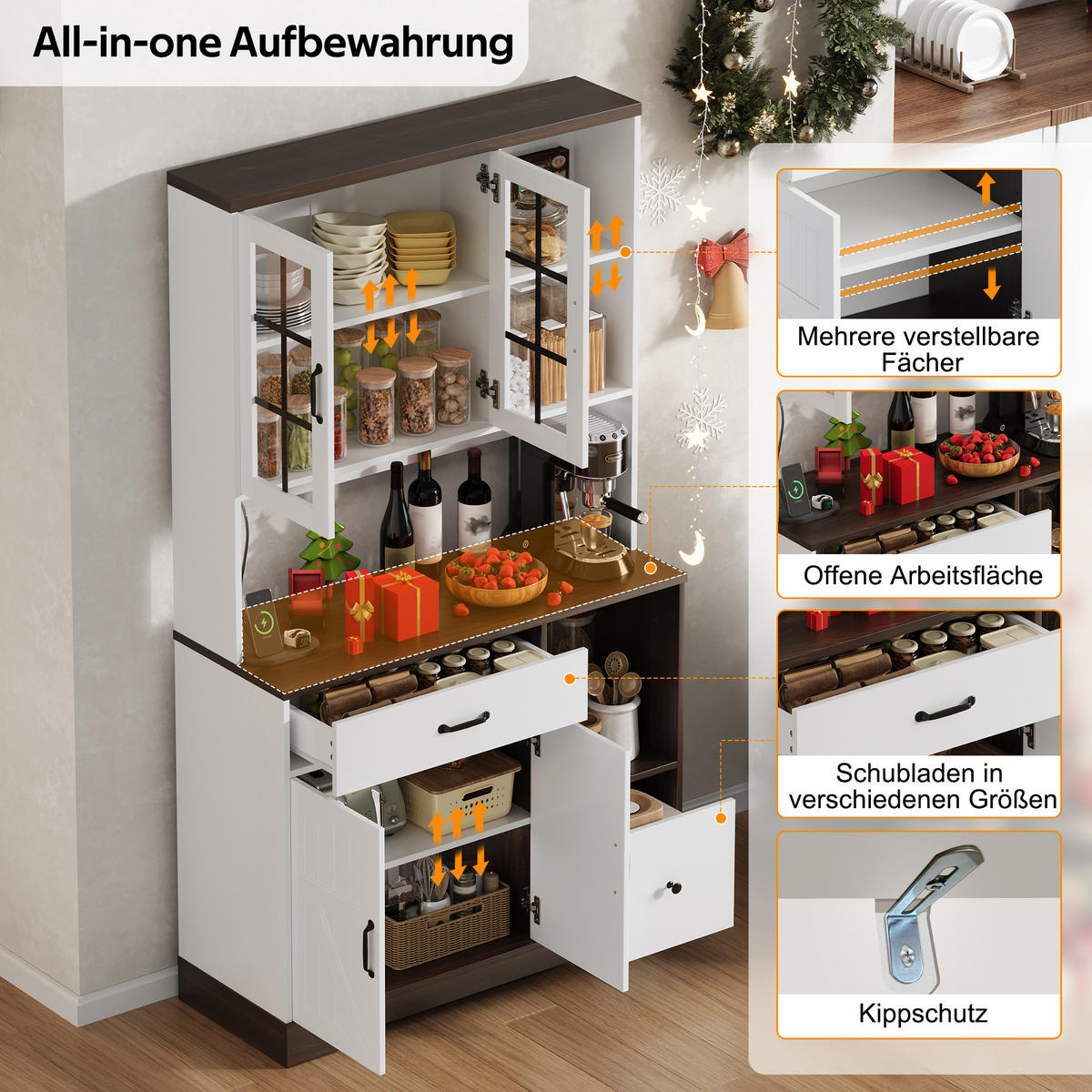 BUFFET 105/40/185 cm Weiß mit verstellbaren Einlegeböden, 2 Schubladen und farbwechselnder LED-Beleuchtung - Weiß, Holz (105/185/40cm) - Oxeza
