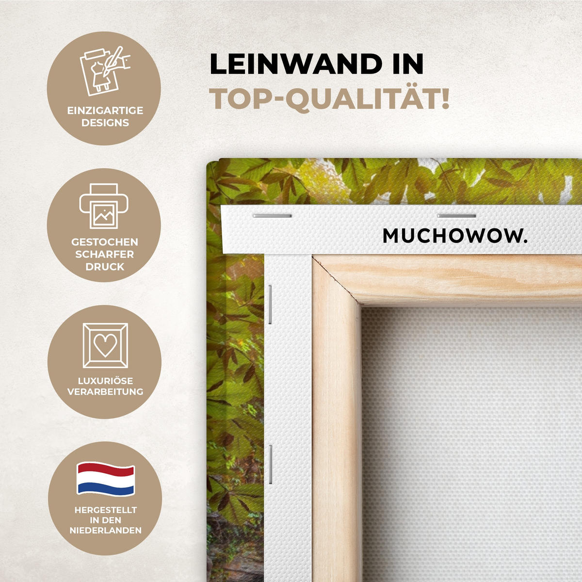 LEINWANDBILD Natur - Wasserfall - Pflanzen - Bäume - Sonne Wandbild Wohnzimmer 50x50 cm - Olivgrün, Textil (50/50cm) - MuchoWow