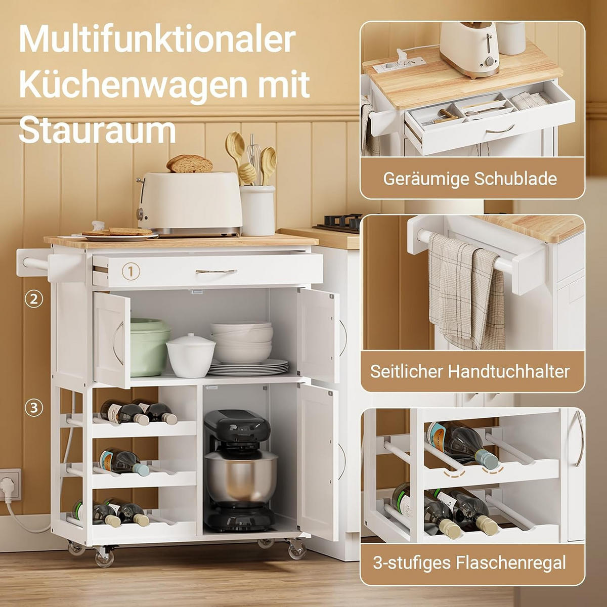KÜCHENWAGEN mit Steckdose und Weinregal 75x37,6x87 cm - Weiß, Holzwerkstoff (75/87/37cm) - SoBuy