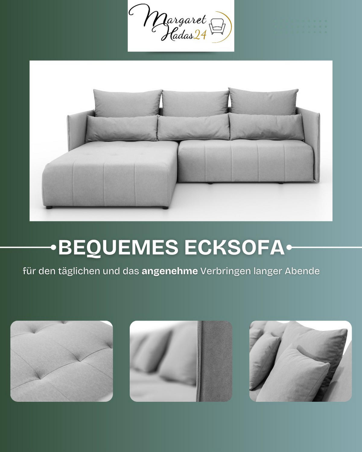 ECKSOFA L Form Hanna 246 x 188 cm mit Schlaffunktion und Bettkasten, 4 Sitzer, Bettzeugablage, Sofa, Eckcouch, hellgrau, links - Hellgrau, Kunststoff (246/188cm) - Margaret Hadas24
