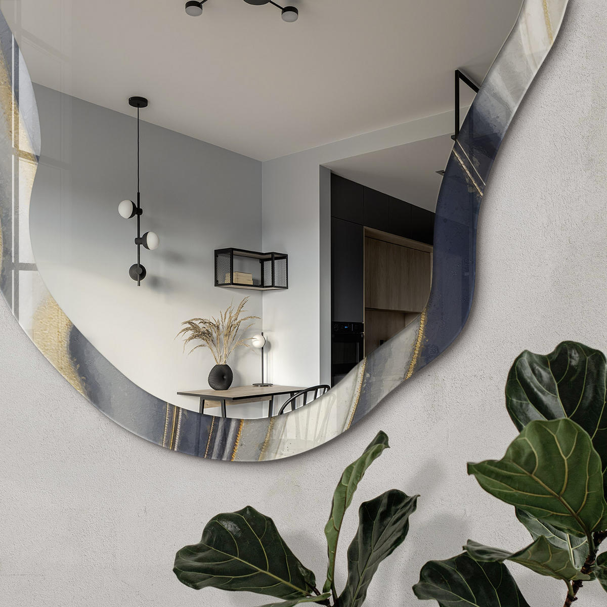 SPIEGEL 90x45 cm asymmetrisch mit Druck - Wellenmuster - Transparent, Glas (45/90/0.4cm) - TULUP
