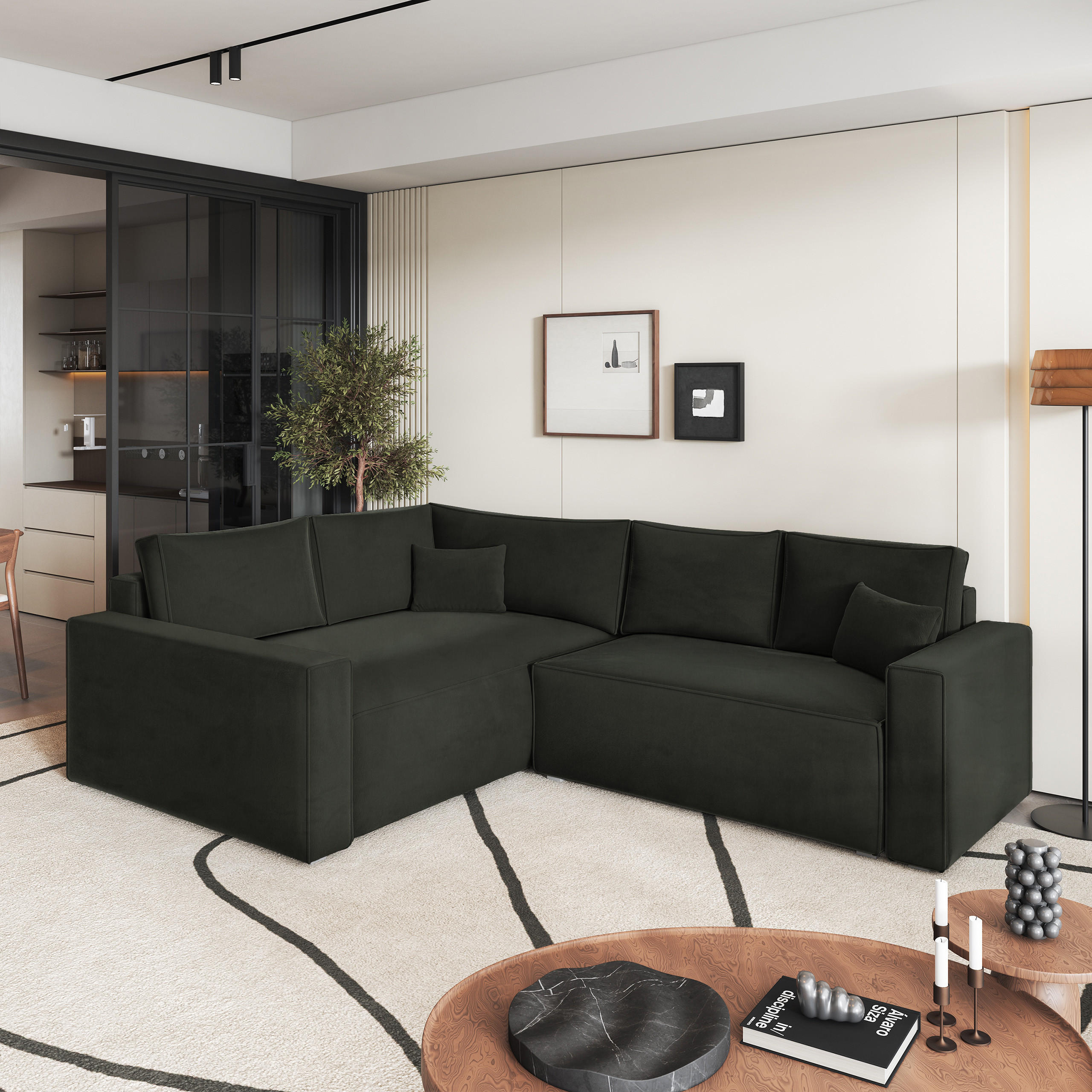 ECKSOFA ERONIS L-S Schwarz Velours-Stoff mit Schlaffunktion - Schwarz, Holz (265/194cm) - MASSENO