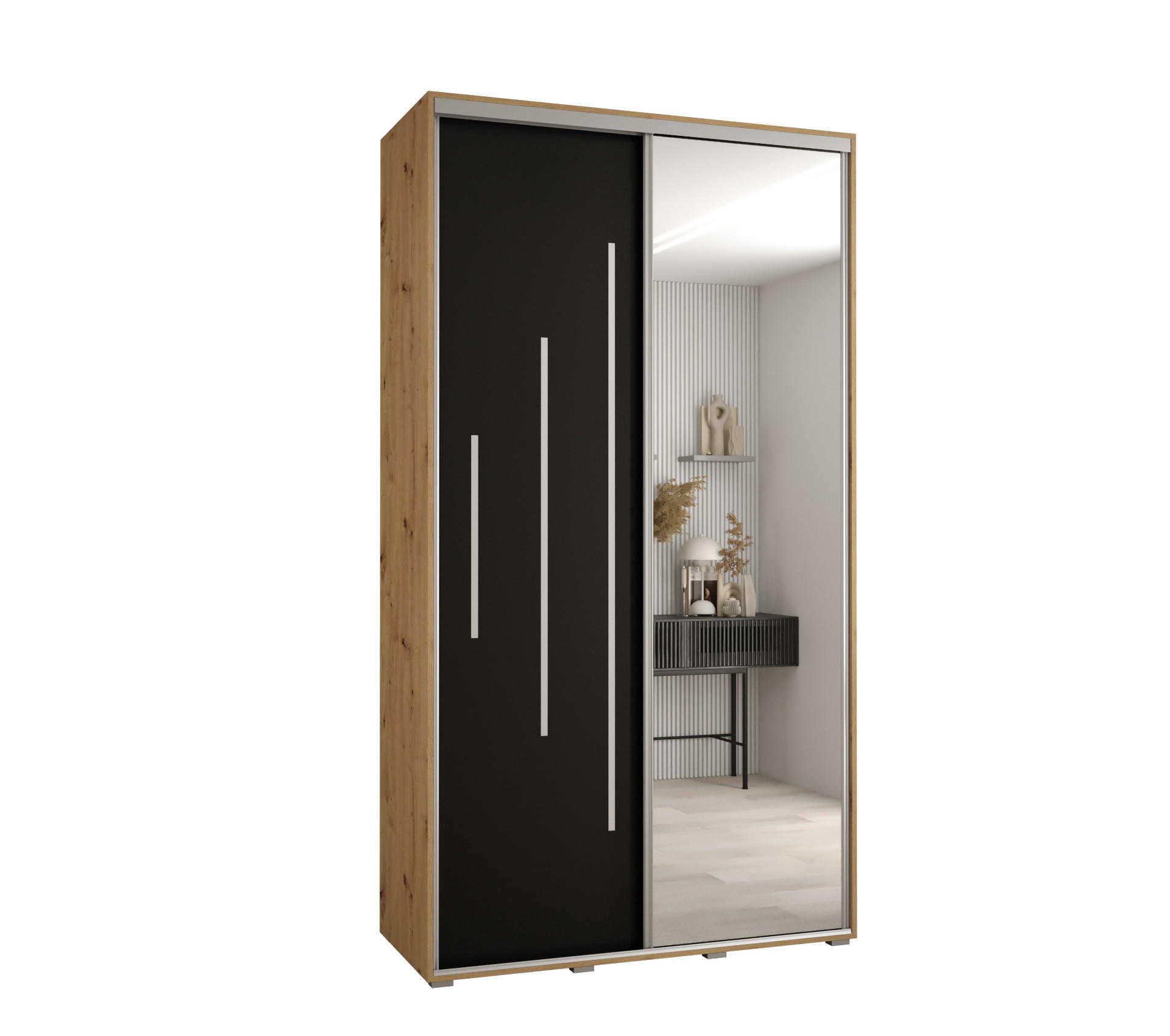 Abiks Möbel Schwebetürenschrank Eiche Artisan, Schwarz, Silber 140x235x60 cm