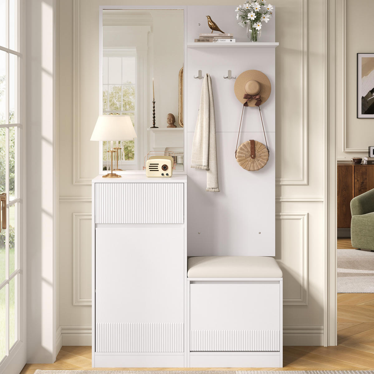 GARDEROBE mit Spiegel, Schuhschrank, Schuhbank und LED - Weiß, Holzwerkstoff (105/190/38cm) - FLIEKS