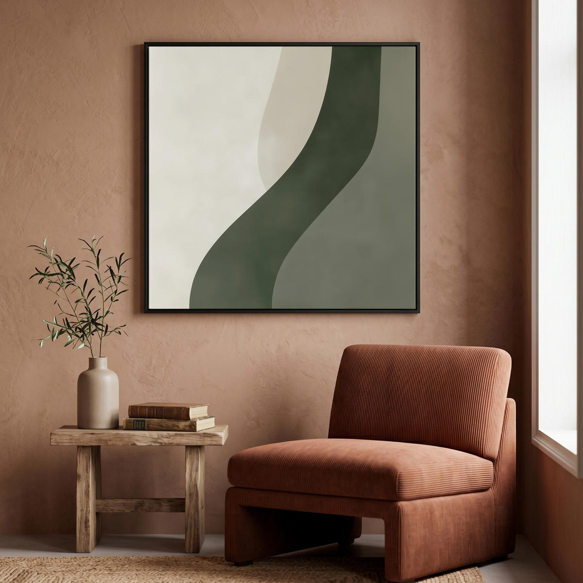 LEINWAND Bilder mit Rahmen - Japandi - Grün - Abstrakt - Modern - 90x90 - Salbeigrün, Textil (90/90cm) - MuchoWow