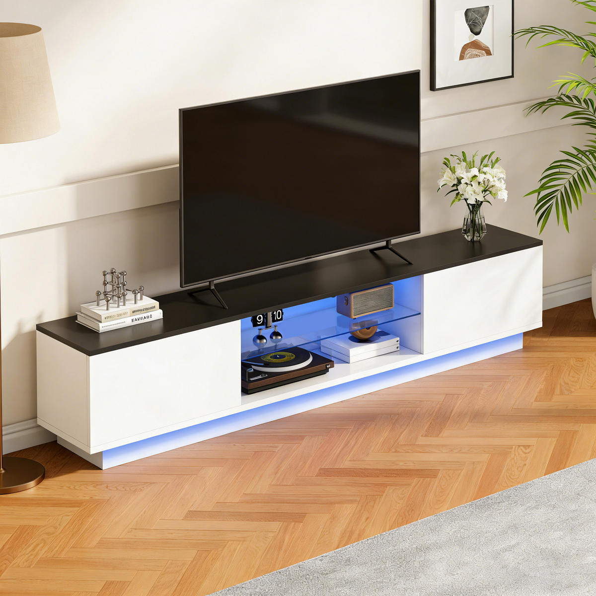TV-SCHRANK Weiß-Schwarz mit LED-Licht & Glasfach - Weiß, Holzwerkstoff (32/35/140cm) - SHOPENTRA