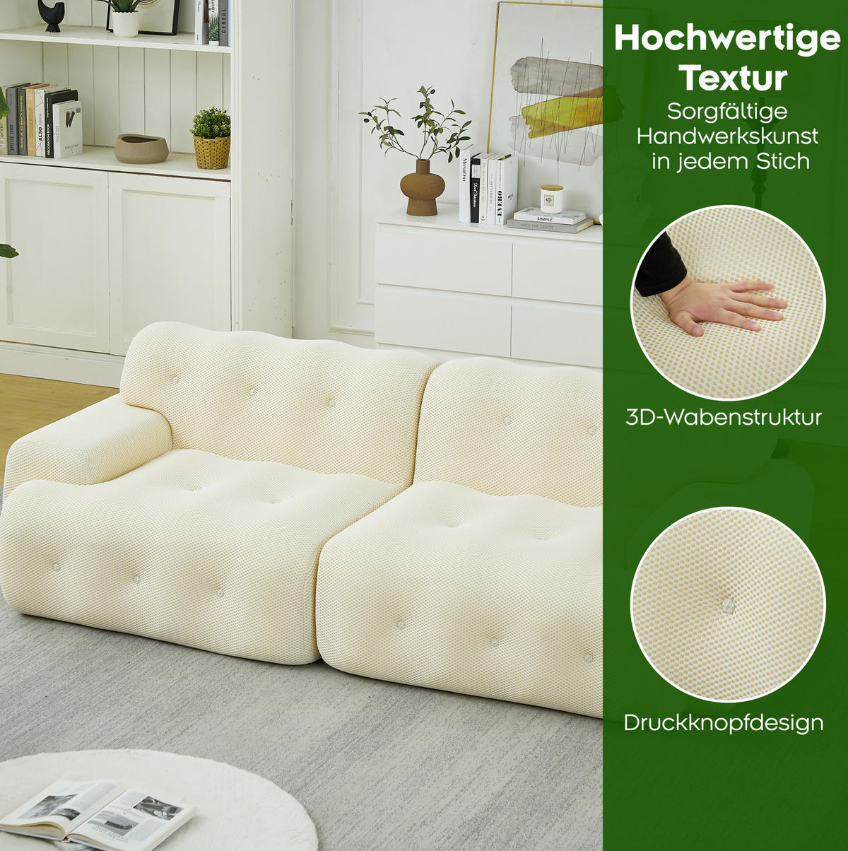 2-SITZER-SOFA 224/104/66 cm, montagefrei mit 3D-Strickgewebe und breiten Armlehnen, Beige - Beige, Textil (224/66/104cm) - Redom