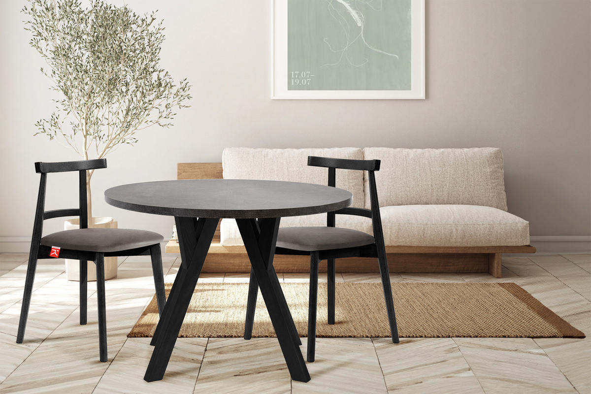 ESSTISCH INDAGA Ausziehbar 100-140cm Rund, Beton/Schwarz - Schwarz, Holz (100/140/75cm) - KONSIMO®