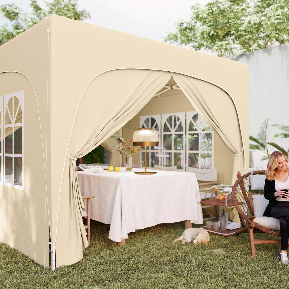FALTPAVILLON 300/300/273 cm mit 4 Seitenteilen, UV-Schutz und höhenverstellbarem Gestell, Sand - Beige, Textil (300/273/300cm) - Redom