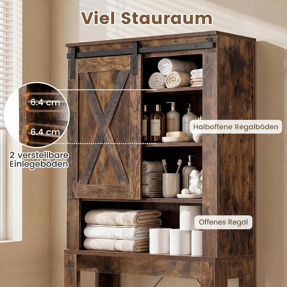 TOILETTENSCHRANK mit Schiebetür braun - Braun, Holzwerkstoff (67/169/25cm) - COSTWAY