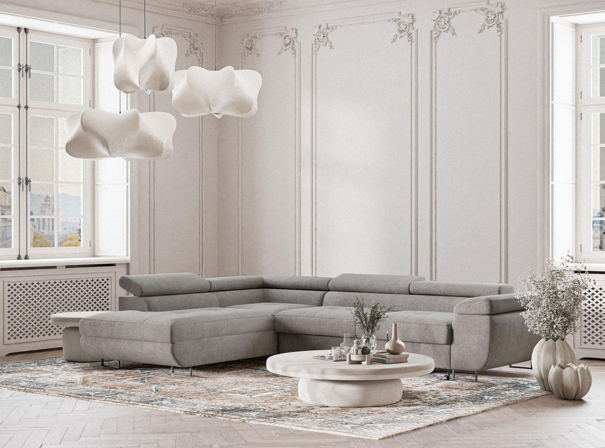 ECKSOFA Concord Beige grau Chenille-Stoff - Links Seite - Greige/Schwarz, Holz/Holzwerkstoff (203/277cm) - Maison de Reve