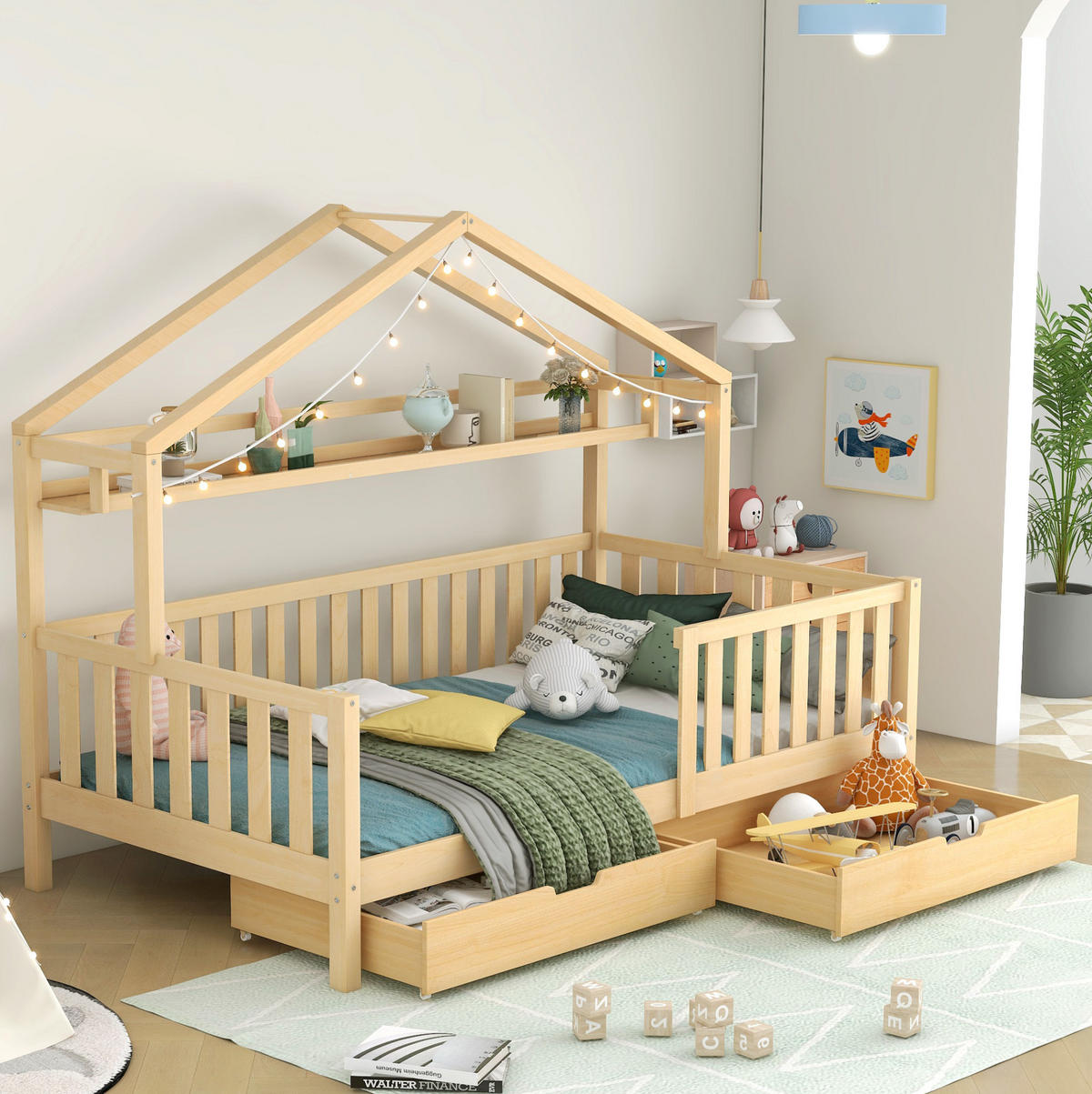 HAUSBETT 90/200 cm aus Kiefer massiv in Natur – mit Schubladen und Rausfallschutz - Naturfarben, Holz (90/200cm) - BEAOK