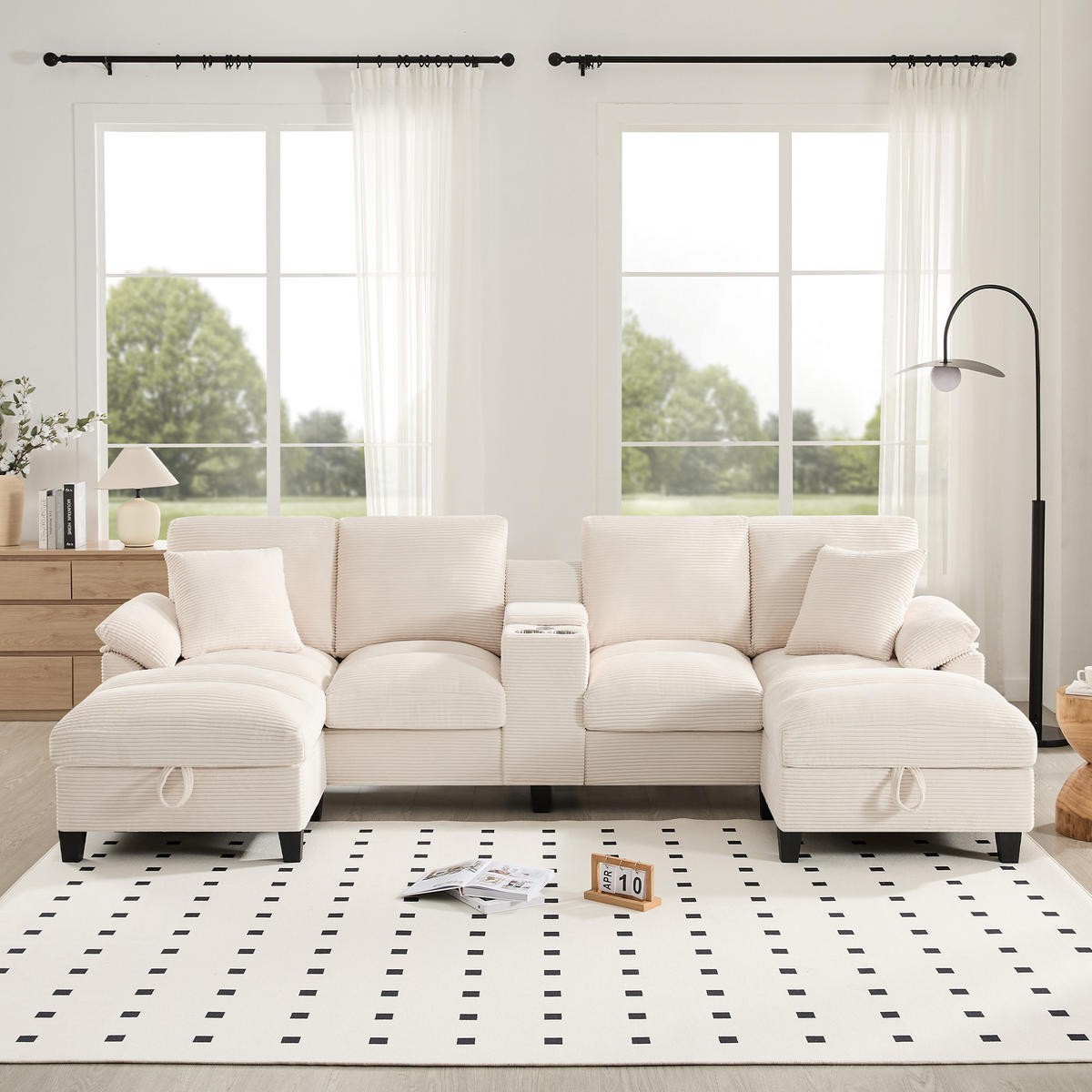 U-FORM Wohnlandschaft Cord mit Stauraum und USB-Anschluss 293/142/93 cm Beige - Beige, Kunststoff/Textil (93/293/142cm) - Redom