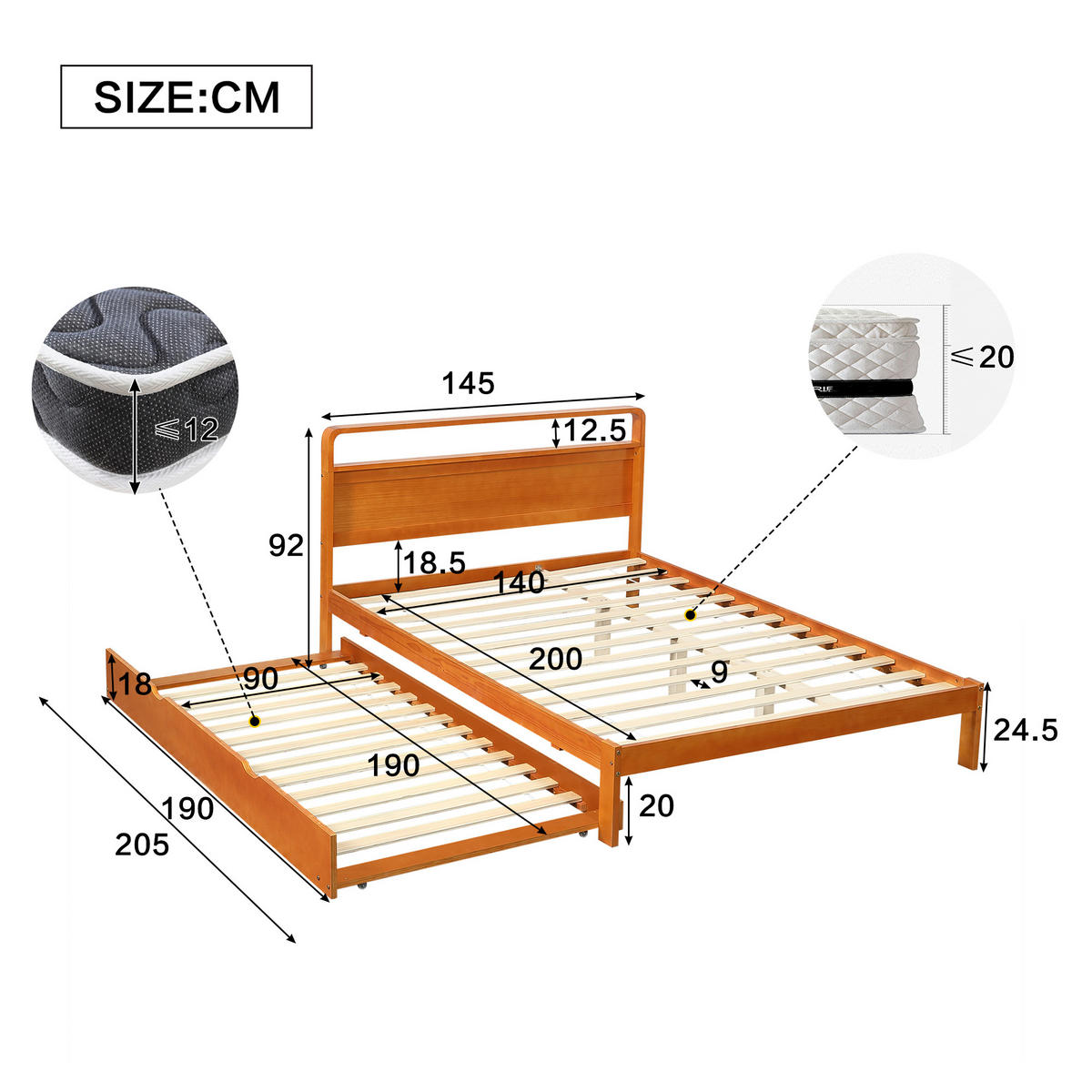 BETT 140/200 cm in Natur mit Ausziehbett, Gästebett und abgerundetem Kopfteil aus Holz - Naturfarben, Holzwerkstoff (140/200cm) - STILVORA
