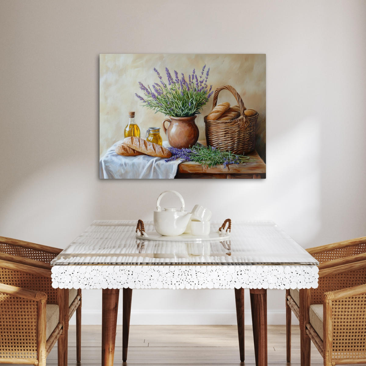 LEINWANDBILD Lavendel - Brot - Stilleben Wandbilder 80x60 cm - Flieder, Textil (80/60cm) - MuchoWow