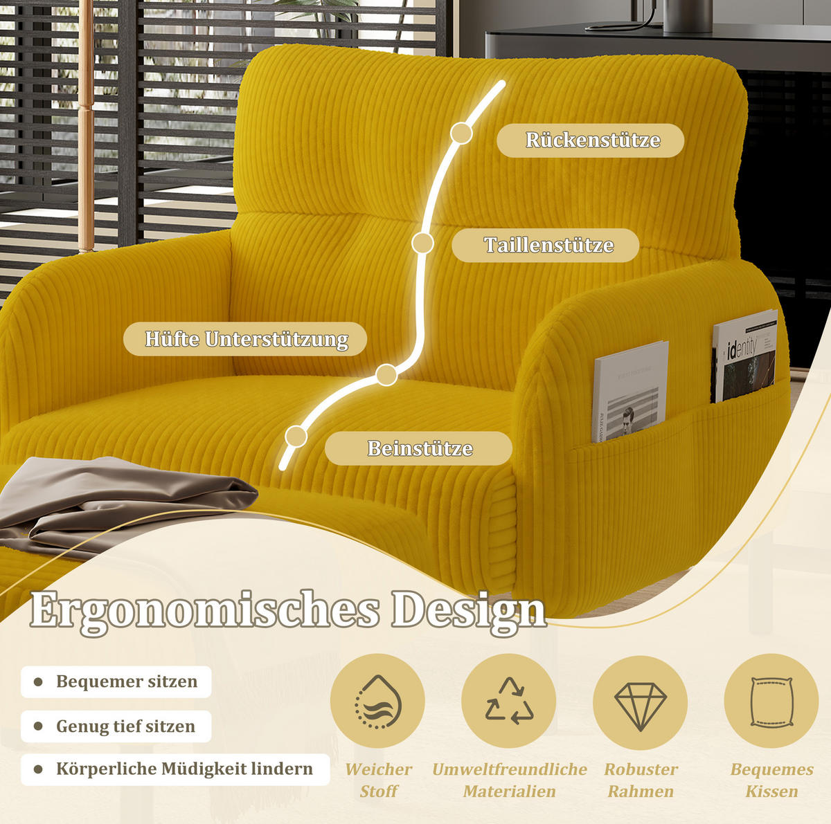 SESSEL 67/75/79 cm in Gelb aus Cord mit Seitentasche - Gelb, Textil (67/79/75cm) - BEAOK