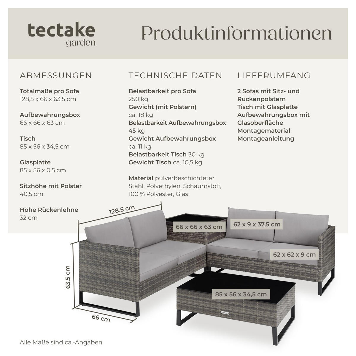 RATTANLOUNGE Ostuni, mit Sicherheitsglasplatte, grau-meliert/grau - Grau, Kunststoff - tectake