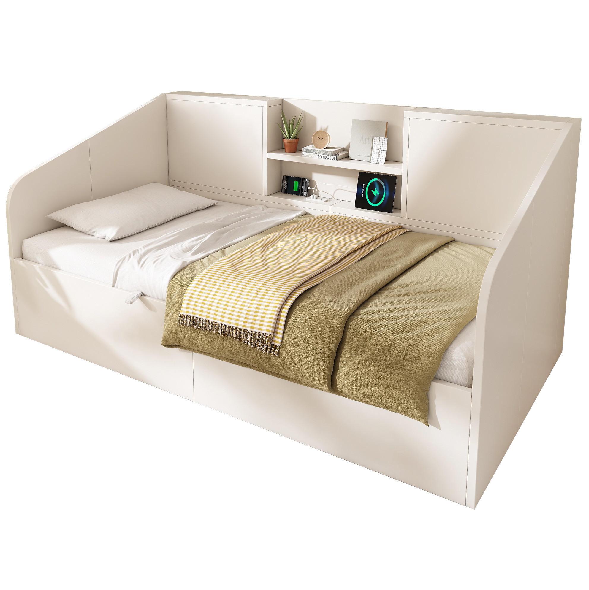 Modfu DENNÍ postel z MDF a masivního dřeva 90x200 cm bílá s USB, USB-C a hydraulickým úložným prostorem