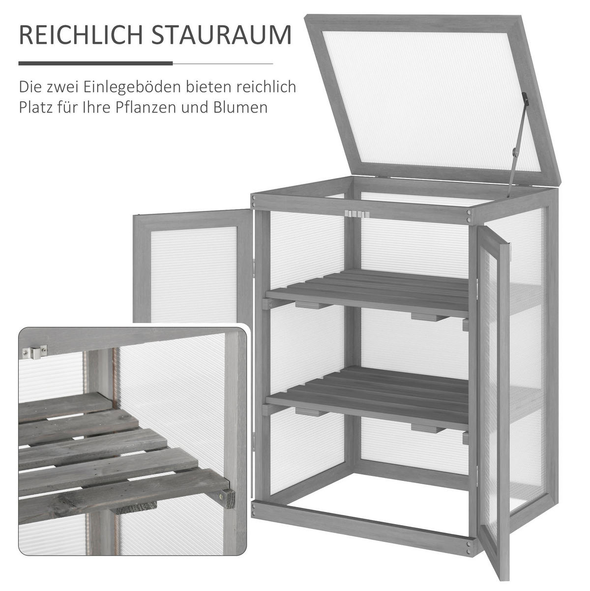 GEWÄCHSHAUS aus Holz 58x44x78 cm in Dunkelgrau mit Doppeltür - Dunkelgrau, Holz (44/78/58cm) - Modfu