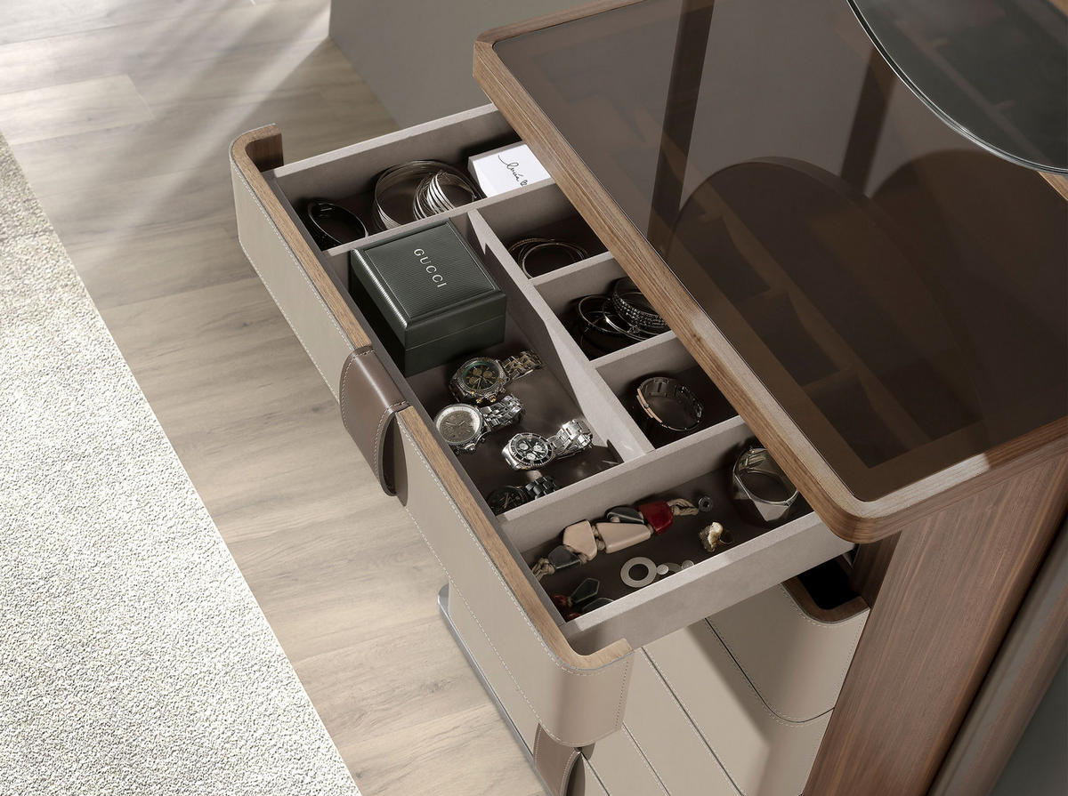 HIGHBOARD Chiffonier Leder, Nussbaum, grauer Stahl und braune Rauchglasplatte mit Spiegel 75/45/185 cm - Silberfarben/Multicolor, Leder/Glas (75/185/45cm) - ANGEL CERDA