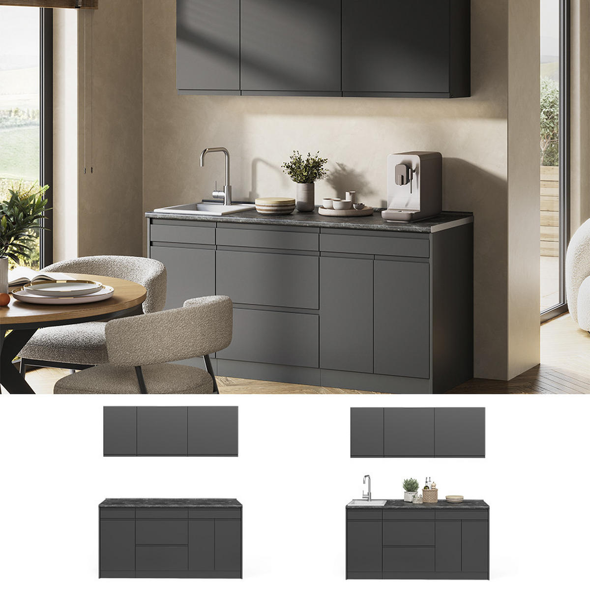 SINGLEKÜCHE R-Line, Anthrazit/Anthrazit, 160 cm Arbeitsplatte Satin - Anthrazit, Holzwerkstoff (160/81.6/60cm) - Vicco