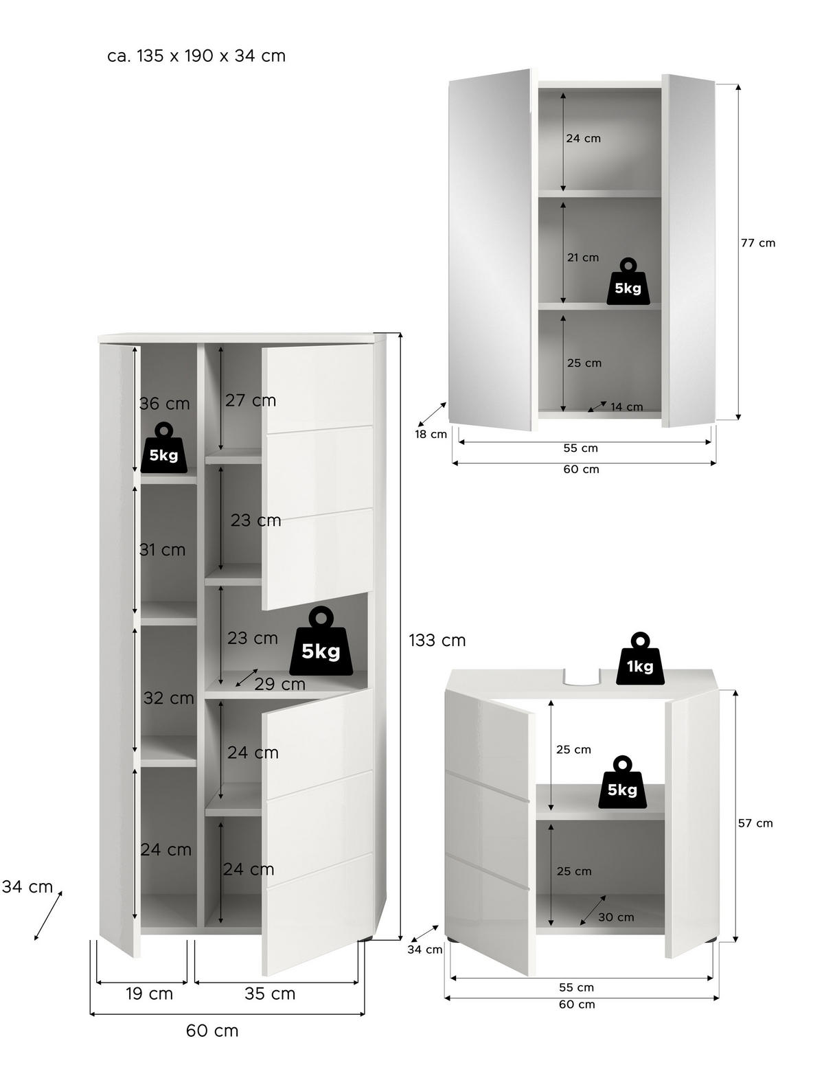 BADKOMBINATION 3tlg. Vira Bad in weiß Melamin und weiß hochglanz B/H/T: 135x190x34 cm - Weiß, Holz (135/190/34cm)