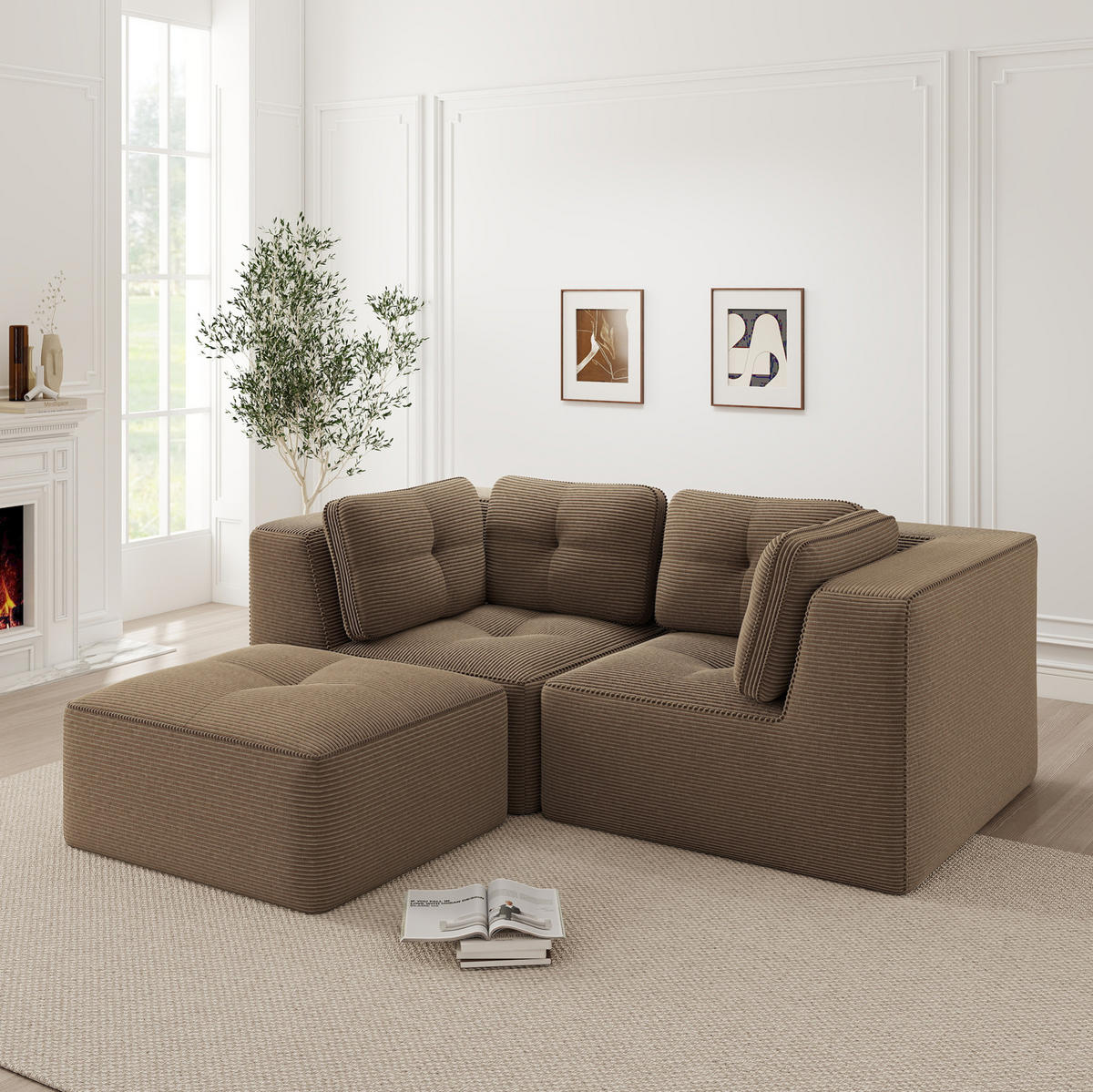 ECKSOFA 208/177/69 cm braun aus Cord mit modularem Design und beweglichem Hocker - Braun, Textil (177/208cm) - OKWISH