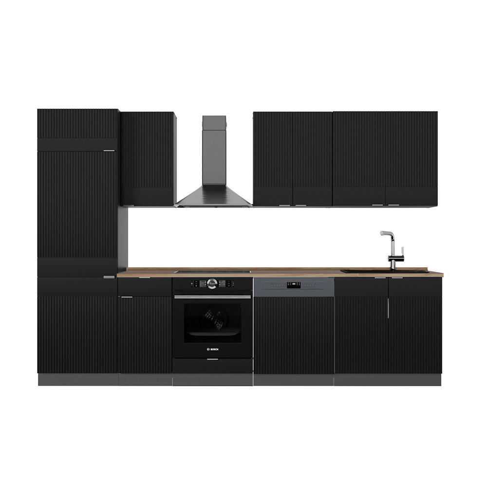 KÜCHENZEILE Fame-Line, Schwarz gestreift/Anthrazit, 300 cm, AP Eiche - Anthrazit/Schwarz, Holzwerkstoff (300/81.6/60cm) - Vicco