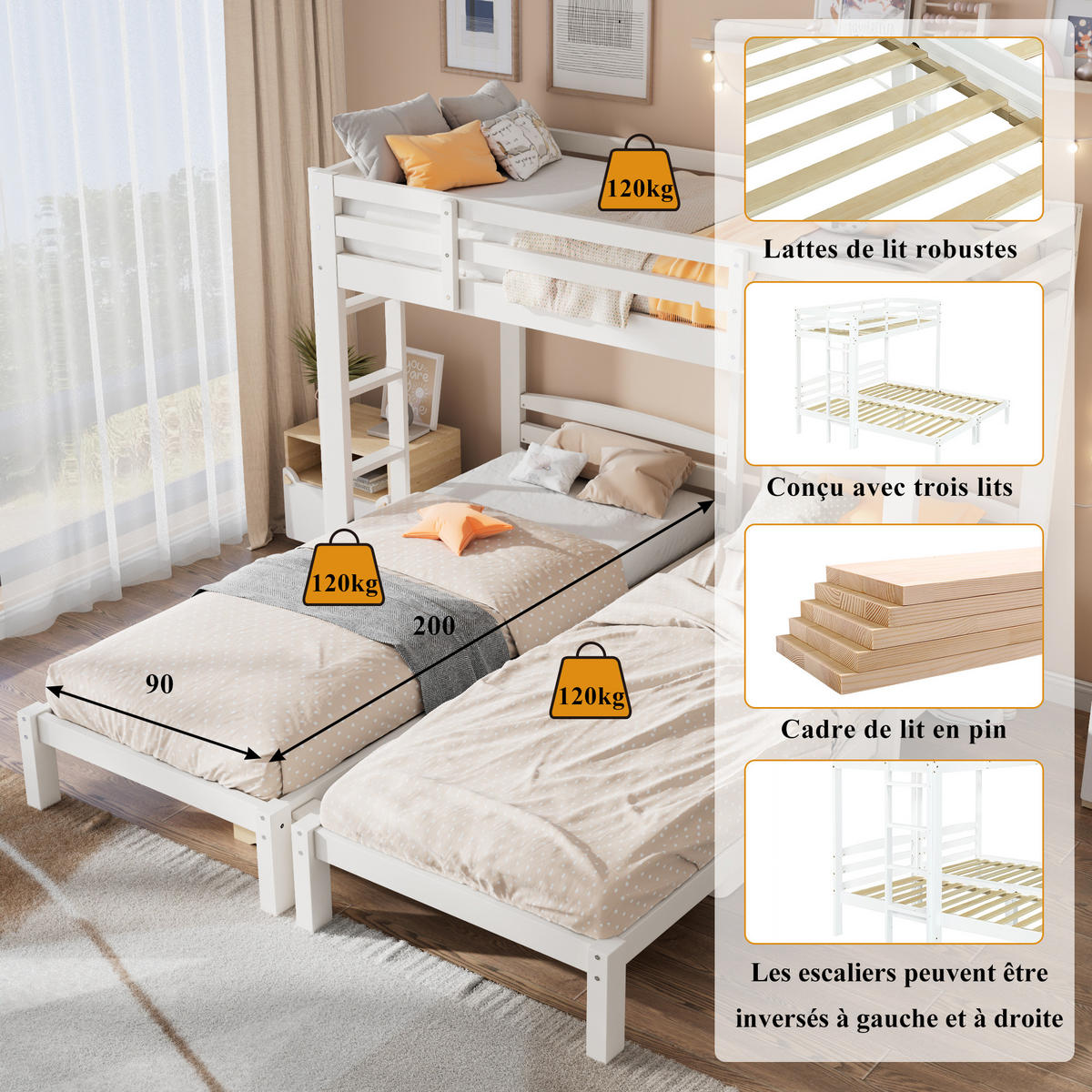 ETAGENBETT 90x200 cm 3 Ebenen weiß - Weiß, Holz (90/200cm) - LEBENLANG