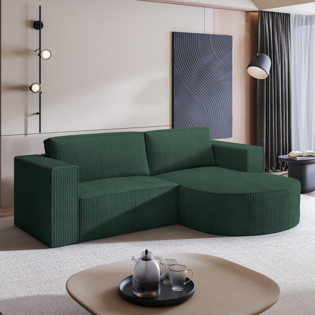 ECKSOFA SORELA P R-S Grün Kordstoff mit Schlaffunktion - Grün, Holz (263/174cm) - MASSENO