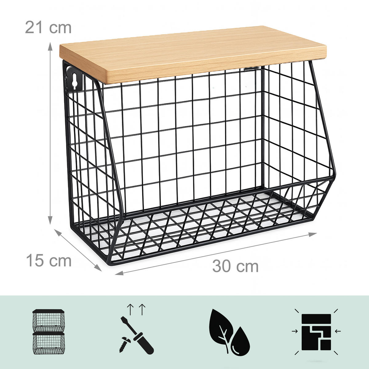 OBSTKORB Wandregal - Schwarz, Holzwerkstoff/Metall (30cm) - Relaxdays