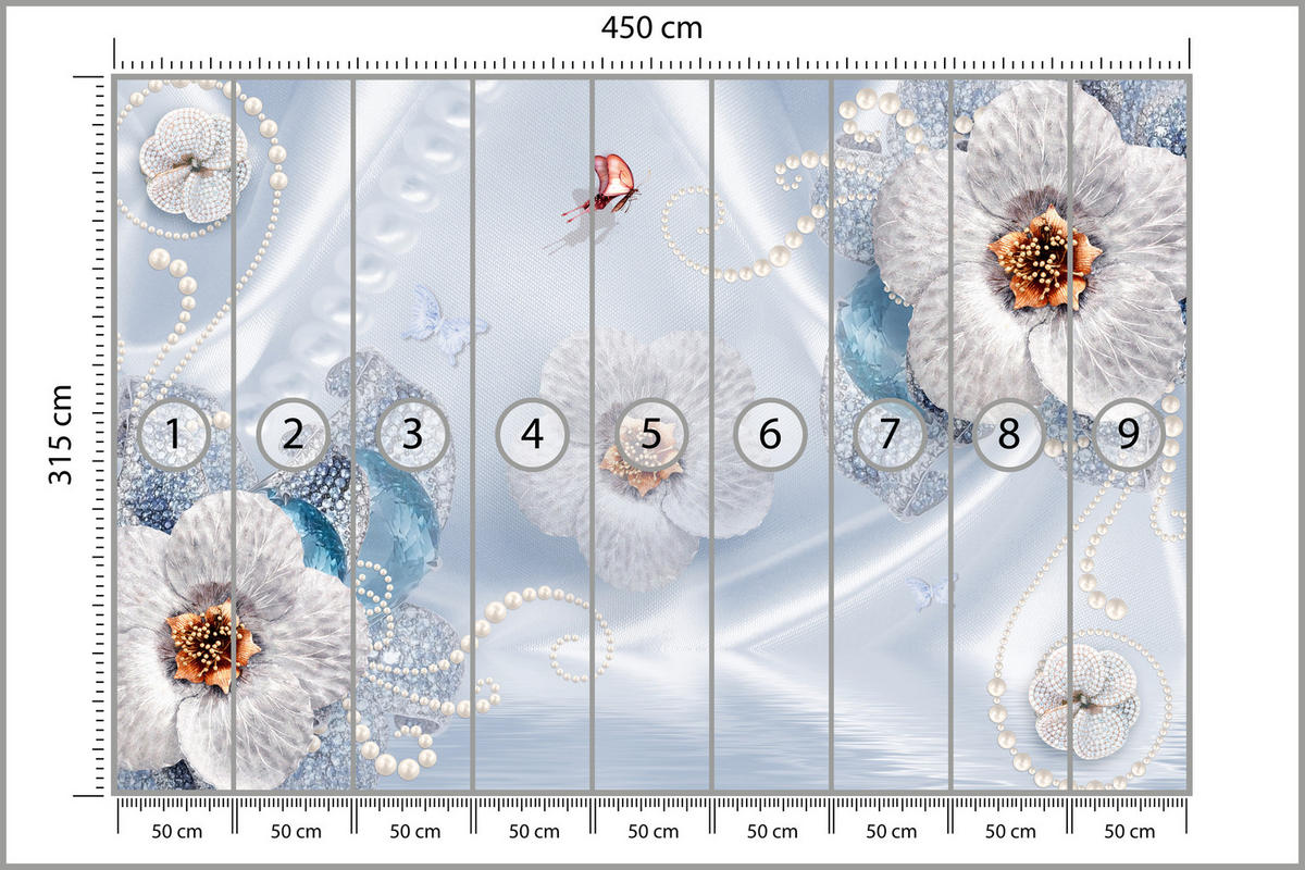 FOTOTAPETE für Schlafzimmer Blumen Perlen Schmetterlinge Blau 450x315 - Blau/Gelb, Papier (450/315cm) - Muralo