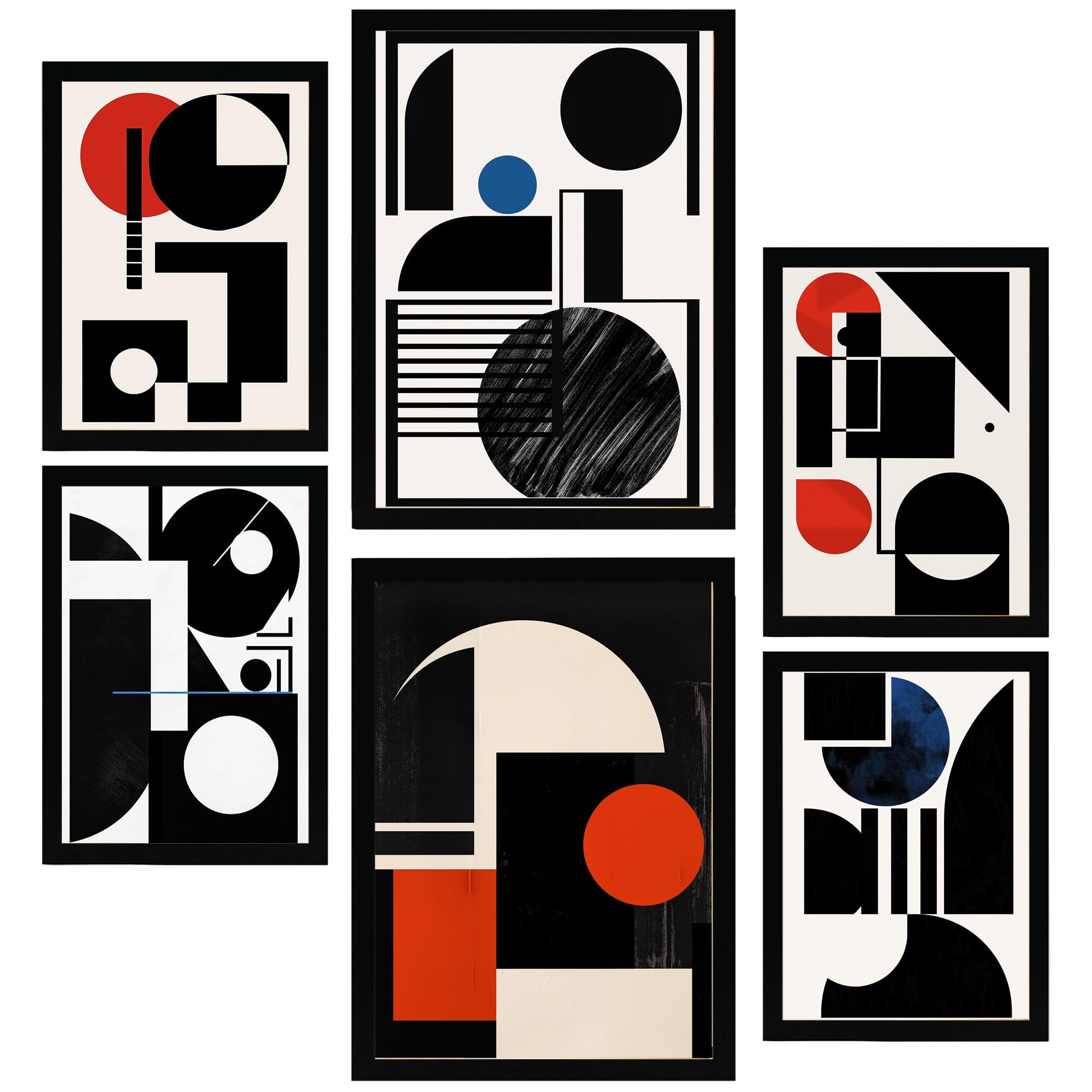 POSTER Set Mit 6 Bauhaus Blau Rot Schwarz A3 & A4 Schwarzer Rahmen - Schwarz, Papier (29/3cm) - Nacnic