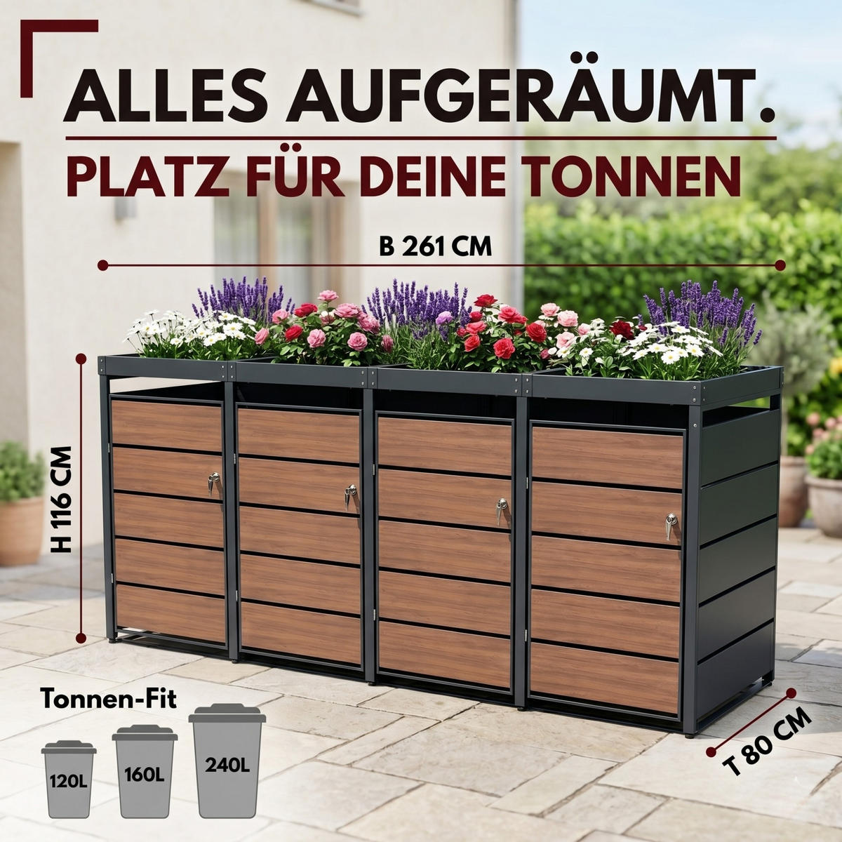 MÜLLTONNENBOX mit Pflanzkasten 4er, MTP4 - Anthrazit, Metall (260/116/80cm) - Albatros