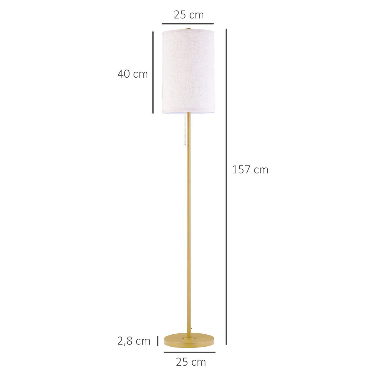 STEHLEUCHTE 157cm Stehlampe-Wohnzimmer cremeweiß mit Leinen-Lampenschirm und Zugschalter - Goldfarben, Metall (25.5/25.5/157cm) - Raelunyi