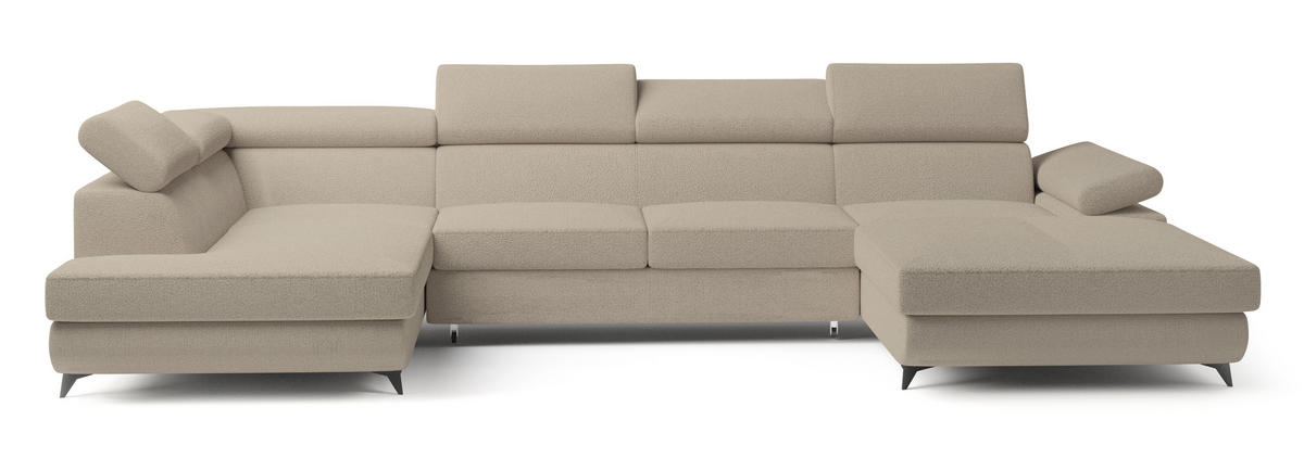 WOHNLANDSCHAFT RUBANO L-S Beige Boucle-Stoff mit Schlaffunktion - Beige, Holz (339/89/190cm) - MASSENO